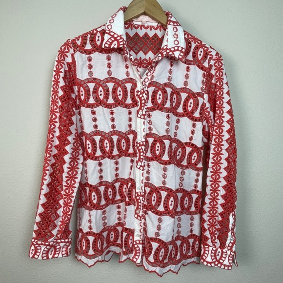 VALERIE KHALFON PARIS Tops - Valerie Khalfon Paris Boho Red White Eyelet Embroidered Button Up 12 Top‎ Shirt